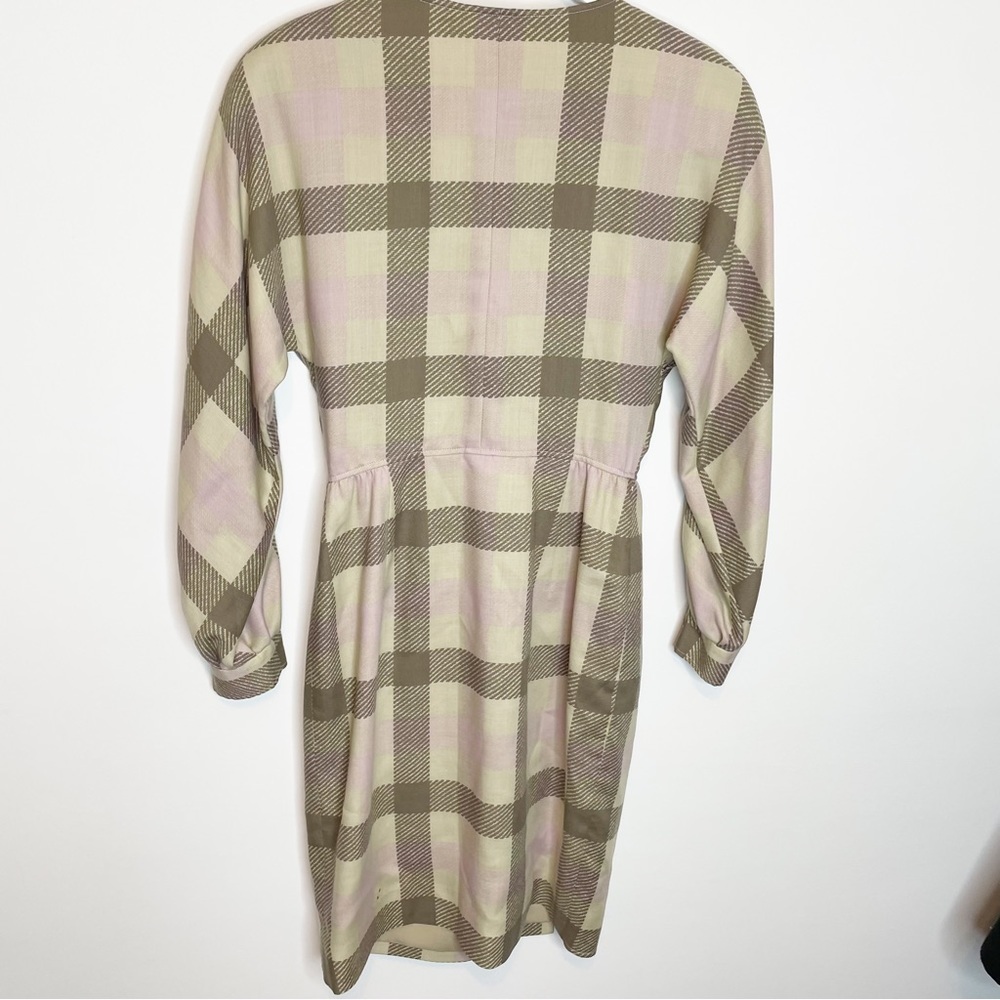 Valentino Boutique Dress Vintage Plaid Button Long Sleeve Tan Pink Made in Italy - Picture 7 of 12